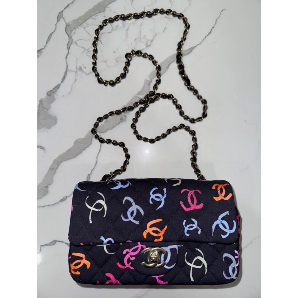 Chanel 24S Navy Blue Printed Logo Mini Flap Rectangle CC Shoulder Crossbody Bag - Picture 2 of 16